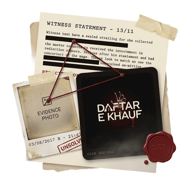 A sealed Daftar e Khauf case file with a witness statement, evidence photographs and a wax seal